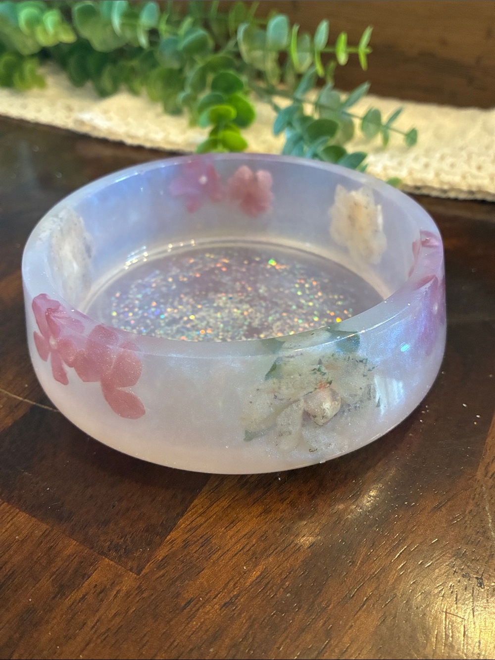 Handcrafted Iridescent Floral Resin Trinket Bowl - Pink & White